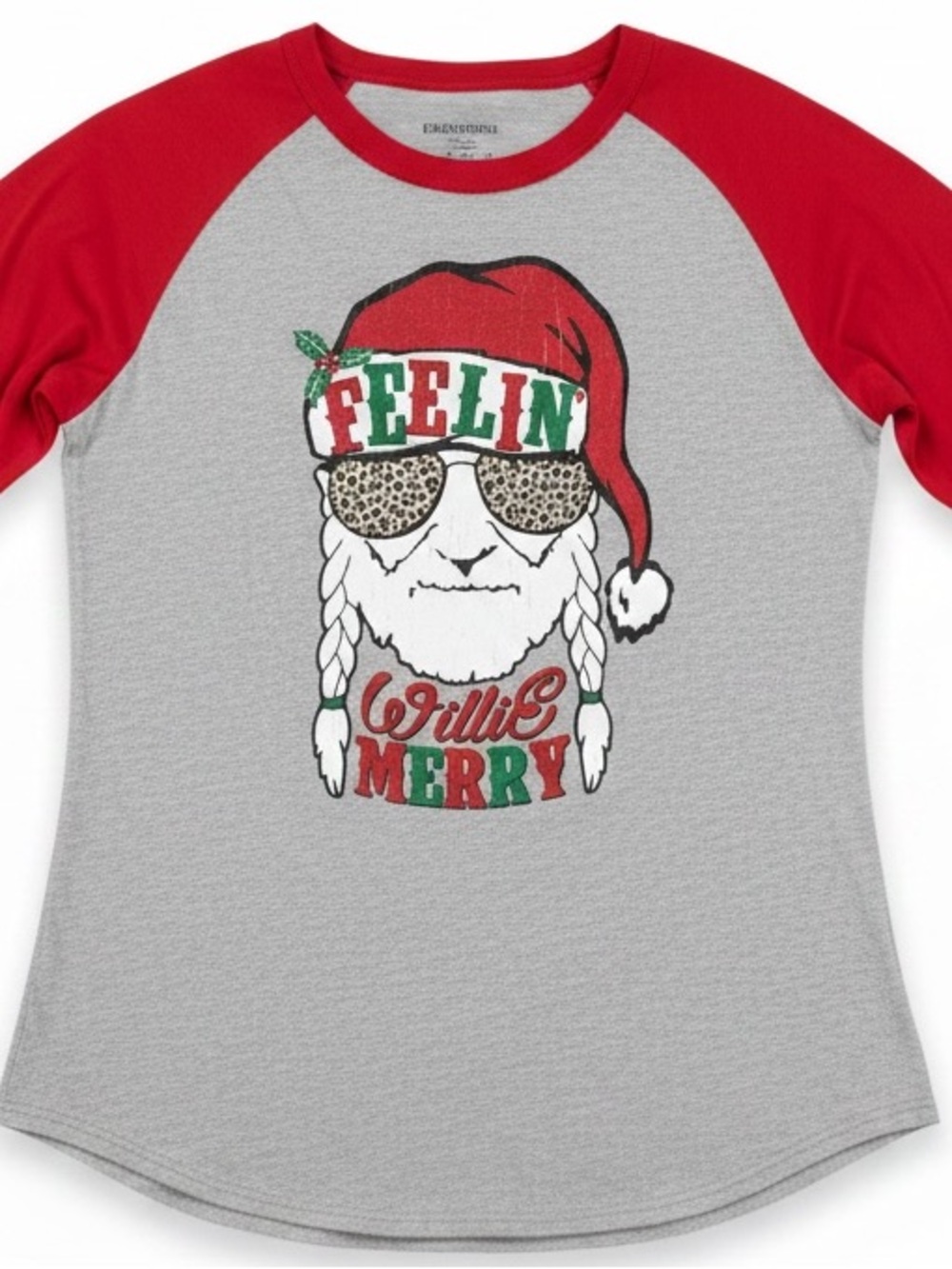 Willie Nelson Christmas 3/4 raglan sleeve red/gray tee “Feellin’ Willie Merry”